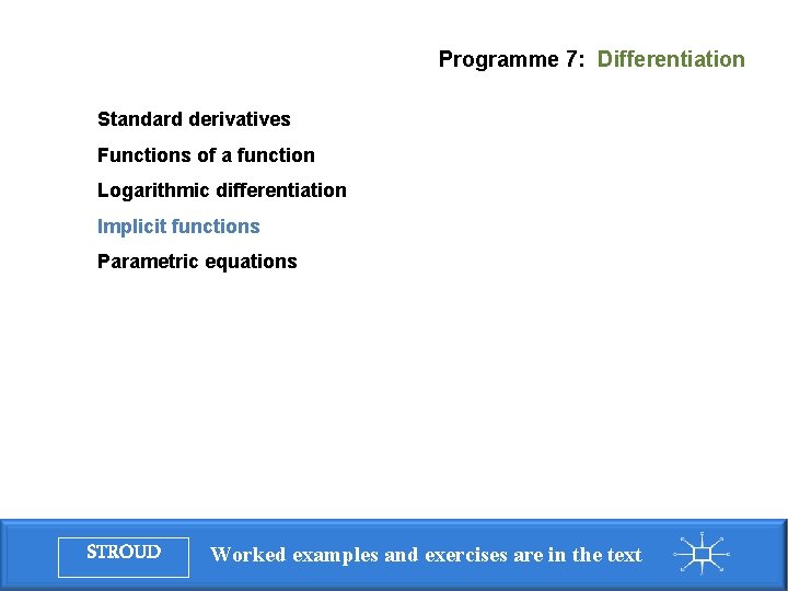 Programme 7: Differentiation Standard derivatives Functions of a function Logarithmic differentiation Implicit functions Parametric