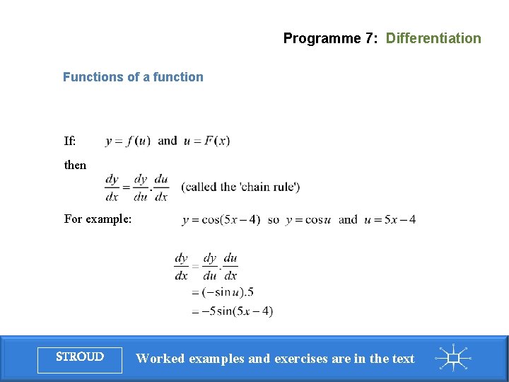 Programme 7: Differentiation Functions of a function If: then For example: STROUD Worked examples