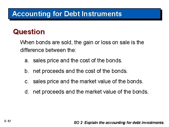 Accounting for Debt Instruments Question When bonds are sold, the gain or loss on