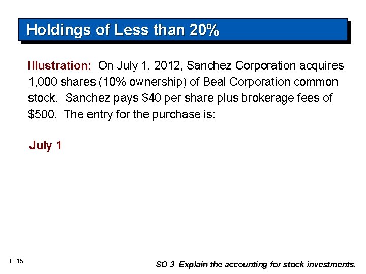 Holdings of Less than 20% Illustration: On July 1, 2012, Sanchez Corporation acquires 1,