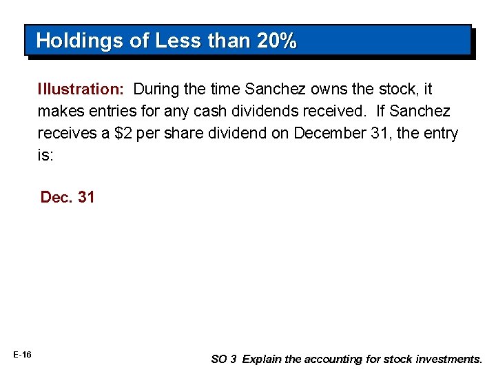 Holdings of Less than 20% Illustration: During the time Sanchez owns the stock, it