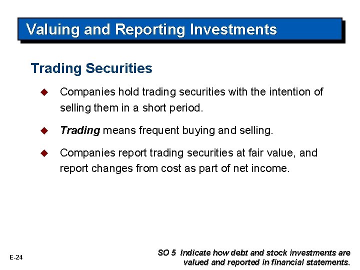 Valuing and Reporting Investments Trading Securities E-24 u Companies hold trading securities with the