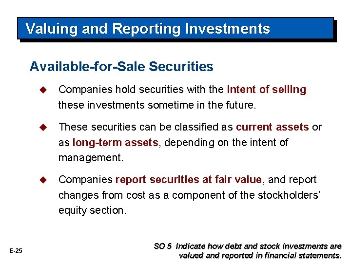 Valuing and Reporting Investments Available-for-Sale Securities E-25 u Companies hold securities with the intent