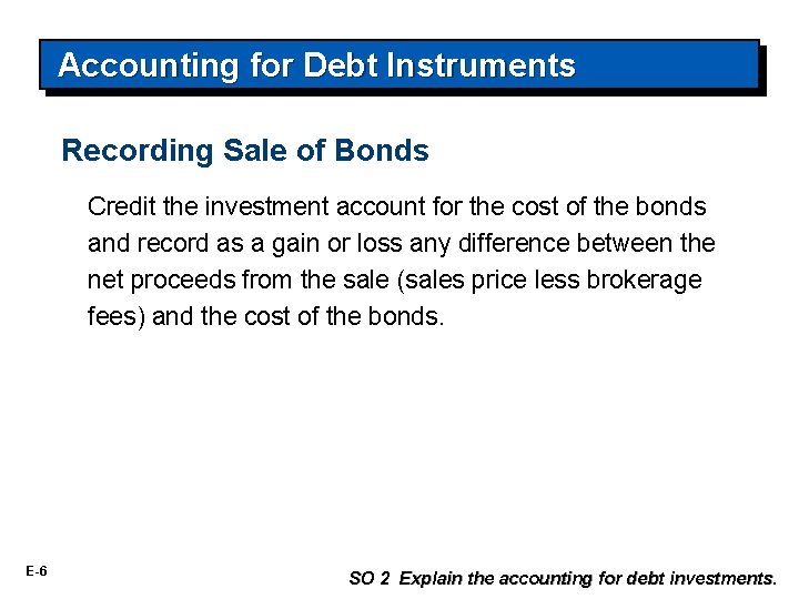 Accounting for Debt Instruments Recording Sale of Bonds Credit the investment account for the