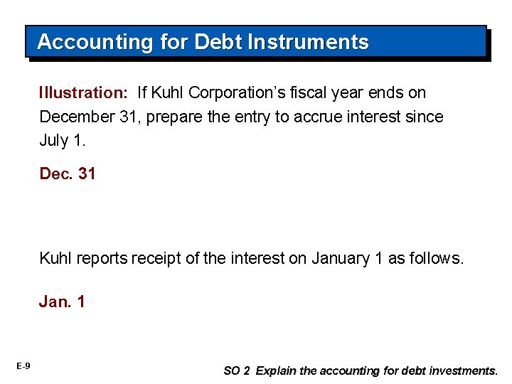 Accounting for Debt Instruments Illustration: If Kuhl Corporation’s fiscal year ends on December 31,