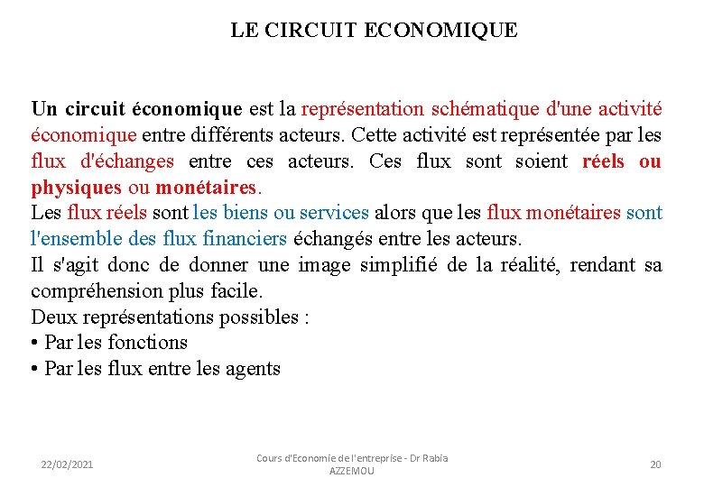LE CIRCUIT ECONOMIQUE Un circuit économique est la représentation schématique d'une activité économique entre