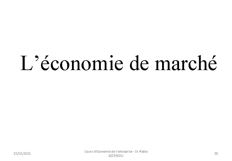 L’économie de marché 22/02/2021 Cours d'Economie de l'entreprise - Dr Rabia AZZEMOU 25 