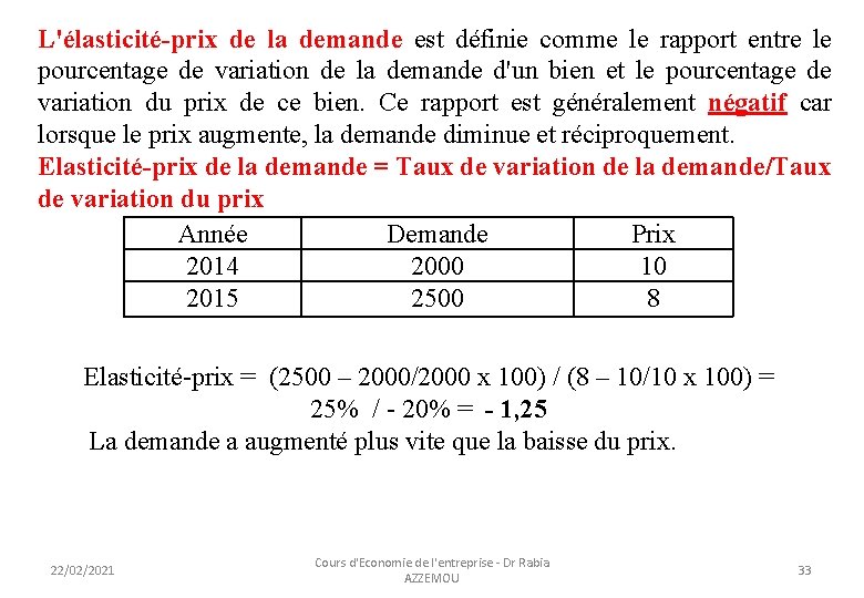 L'élasticité-prix de la demande est définie comme le rapport entre le pourcentage de variation