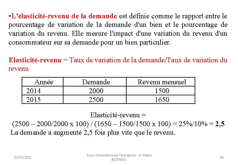  • L'élasticité-revenu de la demande est définie comme le rapport entre le pourcentage