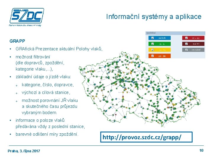 Informační systémy a aplikace GRAPP • GRAfická Prezentace aktuální Polohy vlaků, • možnost filtrování