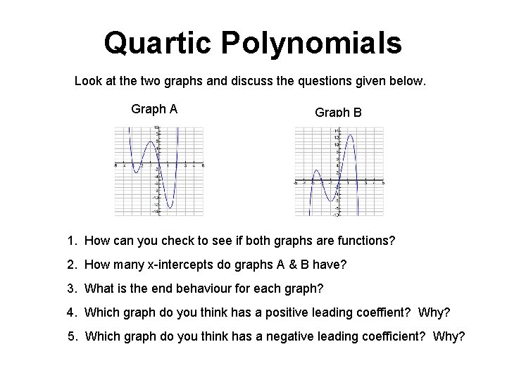 Quartic Polynomials Look at the two graphs and discuss the questions given below. Graph