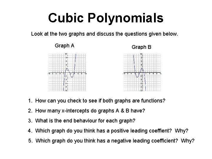 Cubic Polynomials Look at the two graphs and discuss the questions given below. Graph