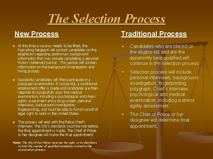 The Selection Process New Process n n n At the time a vacancy needs