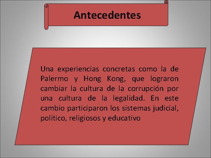 Antecedentes Una experiencias concretas como la de Palermo y Hong Kong, que lograron cambiar