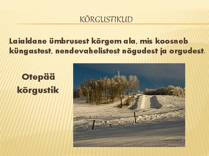KÕRGUSTIKUD Laialdane ümbrusest kõrgem ala, mis koosneb küngastest, nendevahelistest nõgudest ja orgudest. Otepää kõrgustik KÕRGUSTIKUD Laialdane ümbrusest kõrgem ala, mis koosneb küngastest, nendevahelistest nõgudest ja orgudest. Otepää kõrgustik