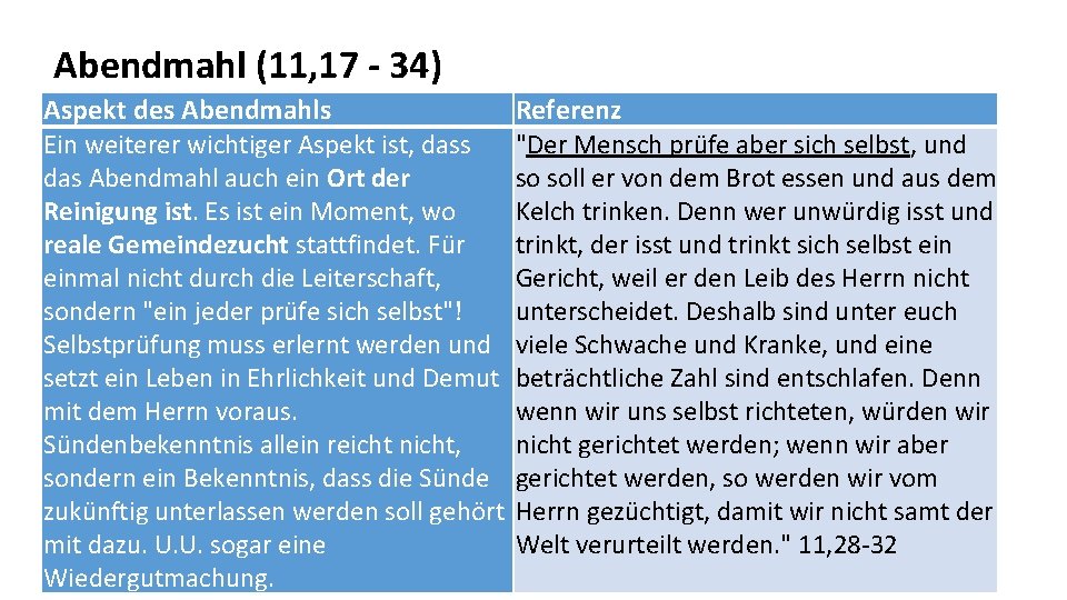 Abendmahl (11, 17 - 34) Aspekt des Abendmahls Referenz Ein weiterer wichtiger Aspekt ist,