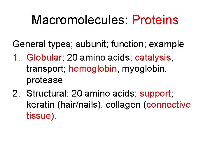 Macromolecules: Proteins General types; subunit; function; example 1. Globular; 20 amino acids; catalysis, transport;