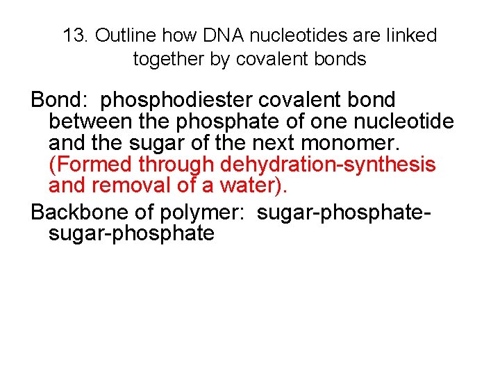 13. Outline how DNA nucleotides are linked together by covalent bonds Bond: phosphodiester covalent