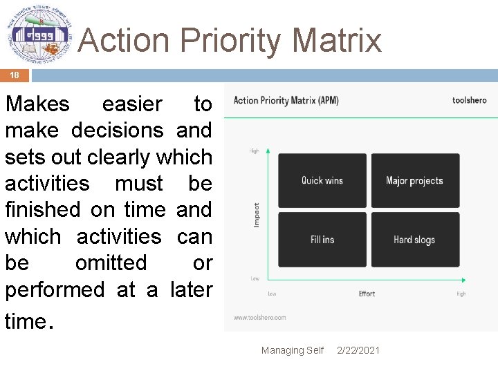 Action Priority Matrix 18 Makes easier to make decisions and sets out clearly which