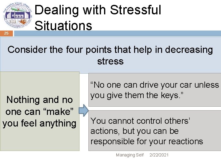 25 Dealing with Stressful Situations Consider the four points that help in decreasing stress