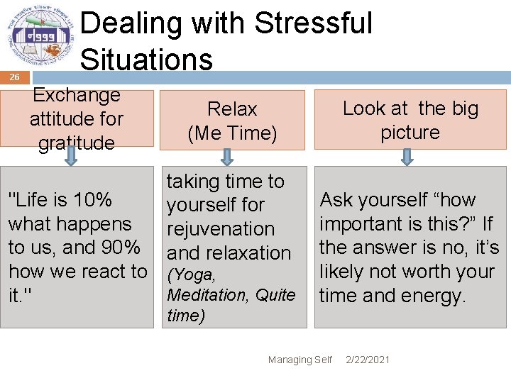 26 Dealing with Stressful Situations Exchange attitude for gratitude Look at the big picture