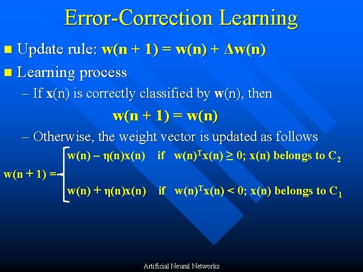 Error-Correction Learning Update rule: w(n + 1) = w(n) + Δw(n) n Learning process