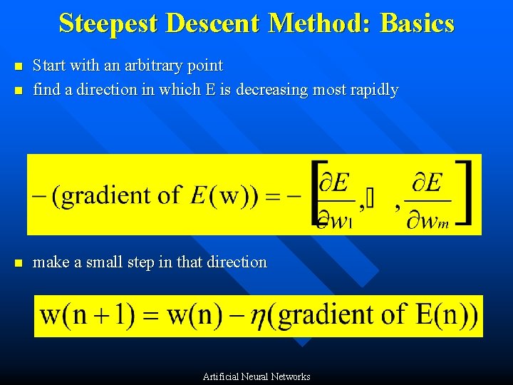 Steepest Descent Method: Basics n Start with an arbitrary point find a direction in