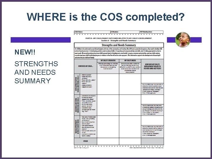 WHERE is the COS completed? NEW!! STRENGTHS AND NEEDS SUMMARY WHERE is the COS completed? NEW!! STRENGTHS AND NEEDS SUMMARY