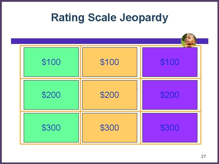 Rating Scale Jeopardy Age appropriate functioning $100– no concerns Mix of age appropriate and Rating Scale Jeopardy Age appropriate functioning $100– no concerns Mix of age appropriate and
