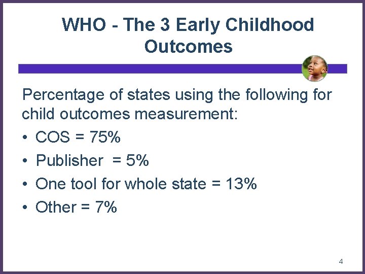WHO - The 3 Early Childhood Outcomes Percentage of states using the following for WHO - The 3 Early Childhood Outcomes Percentage of states using the following for