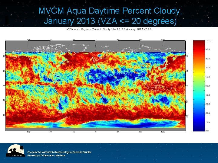 MVCM Aqua Daytime Percent Cloudy, January 2013 (VZA <= 20 degrees) Cooperative Institute for