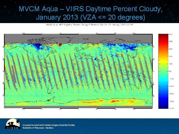 MVCM Aqua – VIIRS Daytime Percent Cloudy, January 2013 (VZA <= 20 degrees) Cooperative