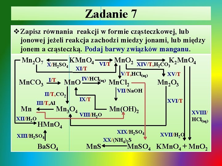 Zadanie 7 v. Zapisz równania reakcji w formie cząsteczkowej, lub jonowej jeżeli reakcja zachodzi