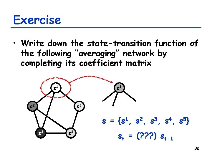 Exercise • Write down the state-transition function of the following “averaging” network by completing