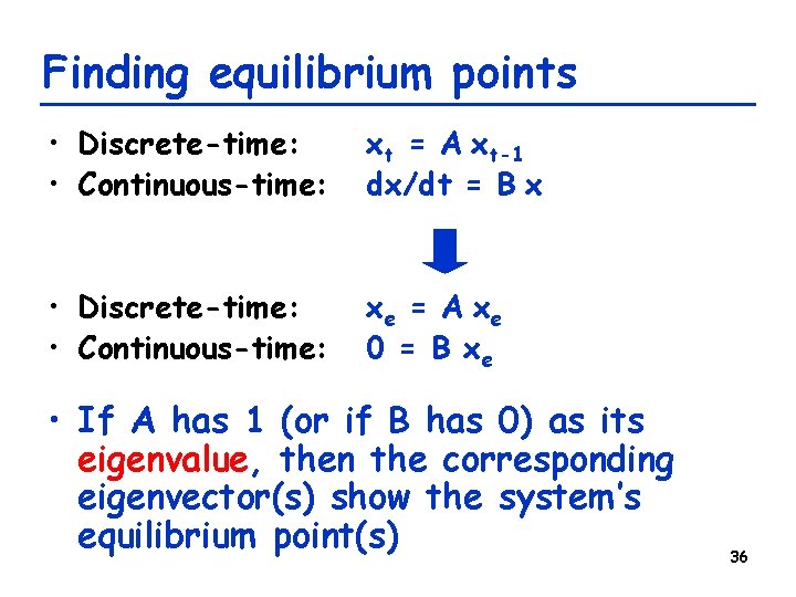 Finding equilibrium points • Discrete-time: • Continuous-time: xt = A xt-1 dx/dt = B