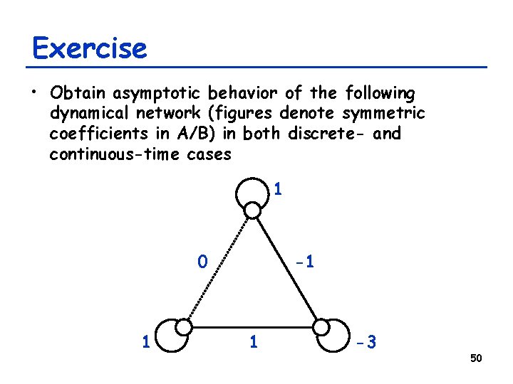 Exercise • Obtain asymptotic behavior of the following dynamical network (figures denote symmetric coefficients