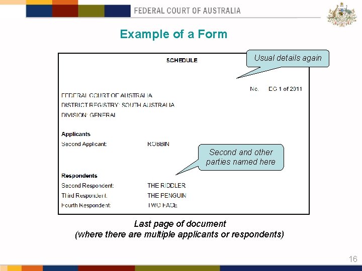 Example of a Form Usual details again Second and other parties named here Last