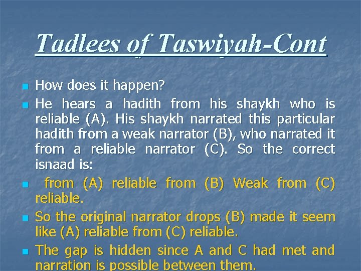 Tadlees of Taswiyah-Cont n n n How does it happen? He hears a hadith