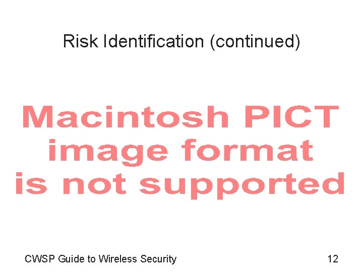 Risk Identification (continued) CWSP Guide to Wireless Security 12 