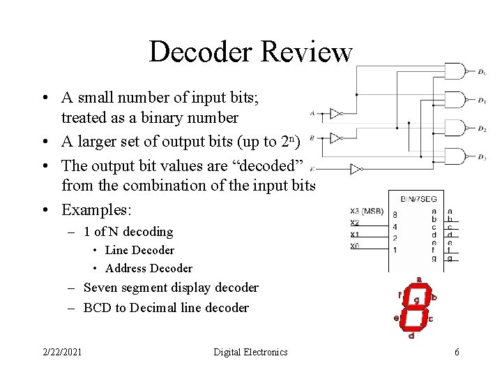 Decoder Review • A small number of input bits; treated as a binary number