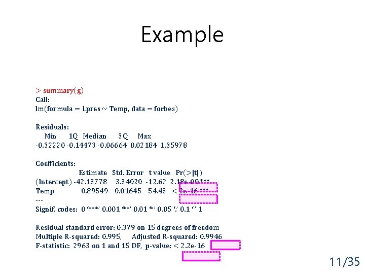 Example > summary(g) Call: lm(formula = Lpres ~ Temp, data = forbes) Residuals: Min