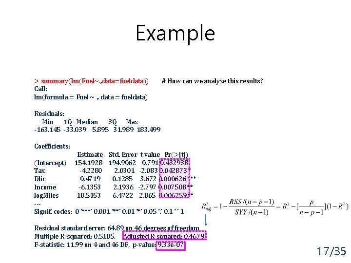 Example > summary(lm(Fuel~. , data=fueldata)) Call: lm(formula = Fuel ~. , data = fueldata)