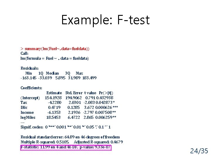 Example: F-test > summary(lm(Fuel~. , data=fueldata)) Call: lm(formula = Fuel ~. , data =