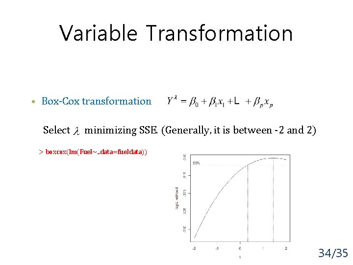 Variable Transformation • Box-Cox transformation Select minimizing SSE. (Generally, it is between -2 and