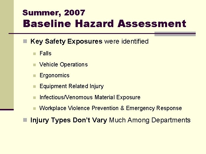 Summer, 2007 Baseline Hazard Assessment n Key Safety Exposures were identified n Falls n