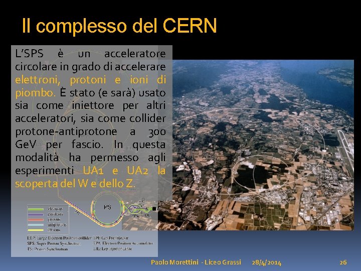 Il complesso del CERN L’SPS è un acceleratore circolare in grado di accelerare elettroni,