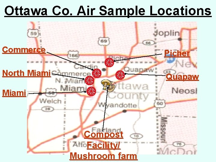 Ottawa Co. Air Sample Locations Commerce Picher North Miami Quapaw Miami Compost Facility/ Mushroom