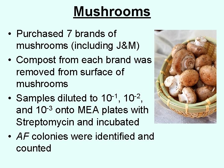 Mushrooms • Purchased 7 brands of mushrooms (including J&M) • Compost from each brand