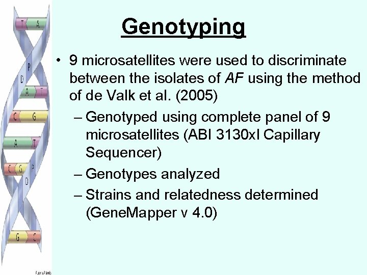 Genotyping • 9 microsatellites were used to discriminate between the isolates of AF using