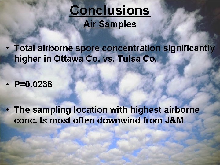 Conclusions Air Samples • Total airborne spore concentration significantly higher in Ottawa Co. vs.